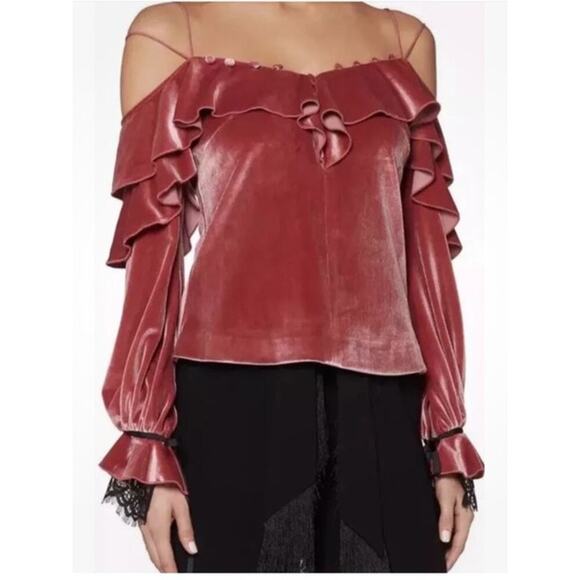 NWT Self Portrait Pink Off Shoulder Long Suede Sleeve Black Lace Fringe Top Sz 2 - Picture 1 of 13